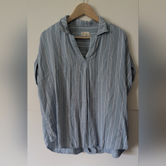 Thread & Supply Tops - Thread & Supply Light Blue Striped Buttonless Blouse